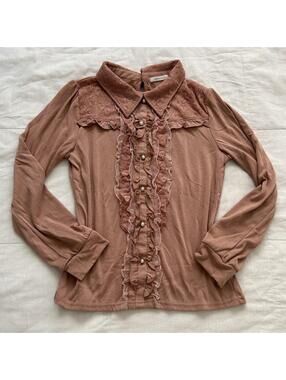 Axes Femme Mauve Pink Lace Pearl Button Ruffle Blouse Size M Japan